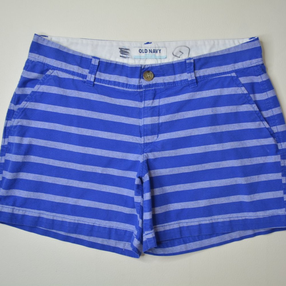 Old‎ Navy Size 4 Regular Womens ROYAL Blue STRIPED Low Rise CHINO Casual SHORTS